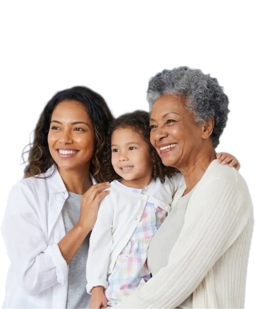 Mulheres de diferentes gerações sorrindo juntas